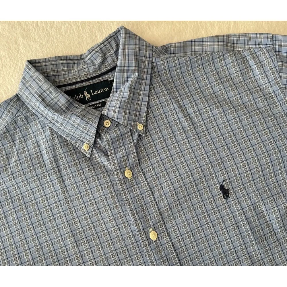 Ralph Lauren Shirt Men XXL BLUE Plaid Cotton Button Down EUC Classic ~ Fast Ship